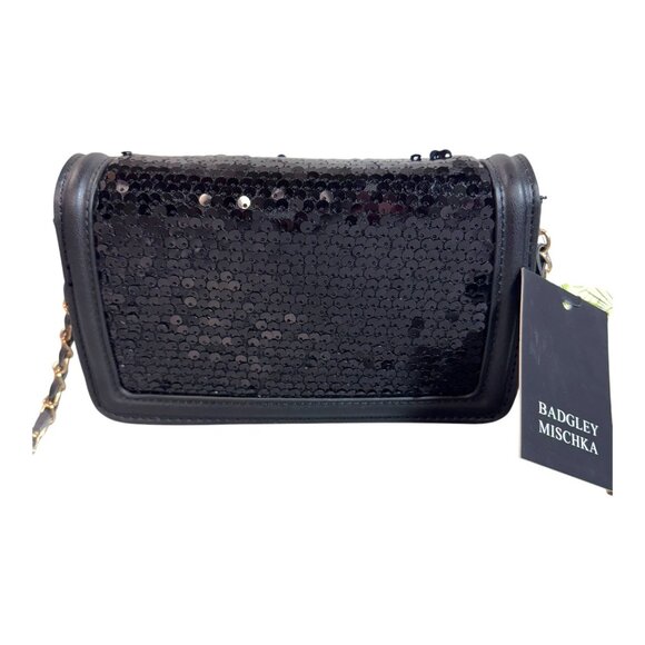 Badgley Mischka Vegan Leather Black Sequin Crossbody Bag Chain Strap Glam NWT - Picture 12 of 14